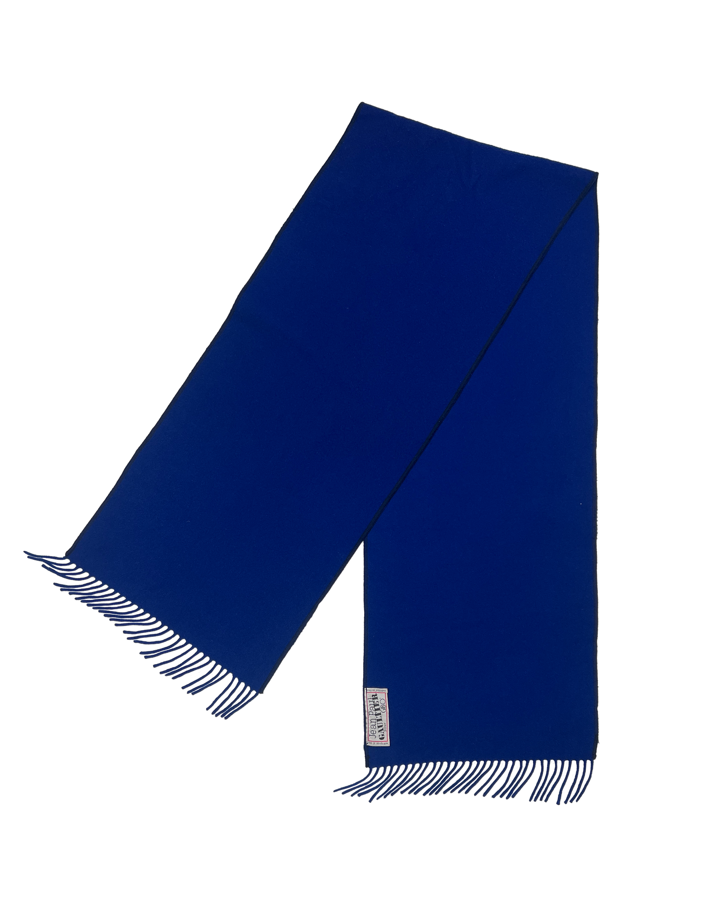A blue Jean Paul Gaultier scarf with fringed edges, laid out flat.