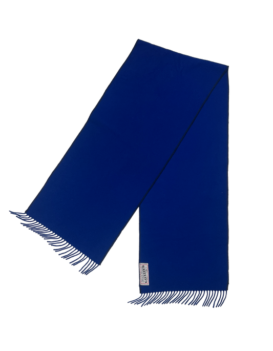 A blue Jean Paul Gaultier scarf with fringed edges, laid out flat.